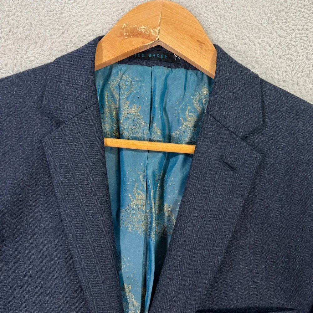 TED BAKER LONDON Endurance Mens 38R Navy Herringbone Wool Blazer Suit Jacket EUC
